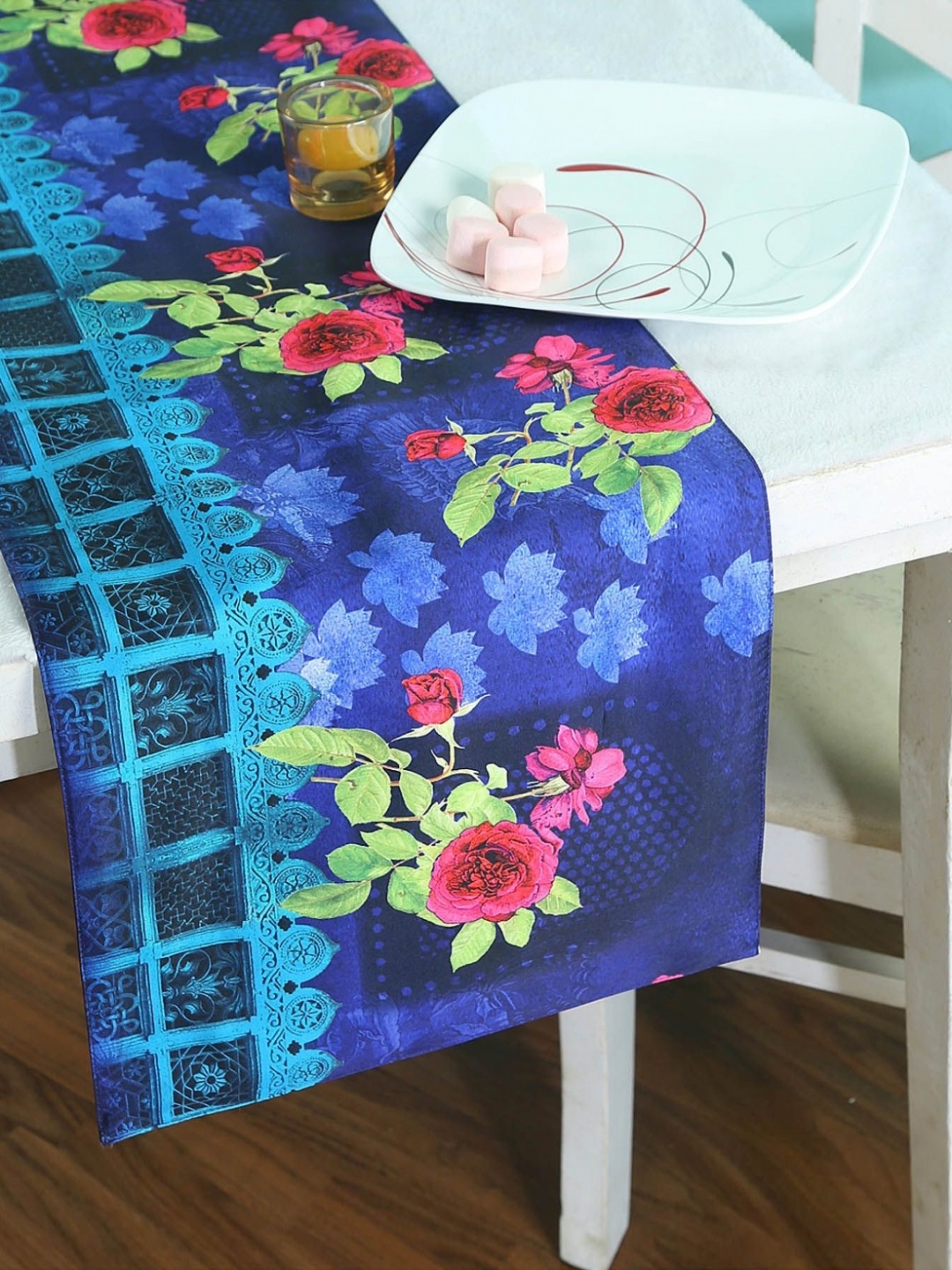 

PENTADECO Navy Blue Floral Printed Table Runner, Multi