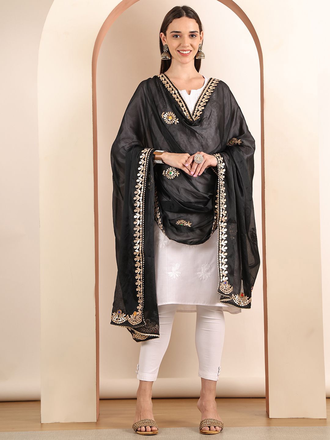 

SOUNDARYA Embroidered Dupatta with Gotta Patti, Black
