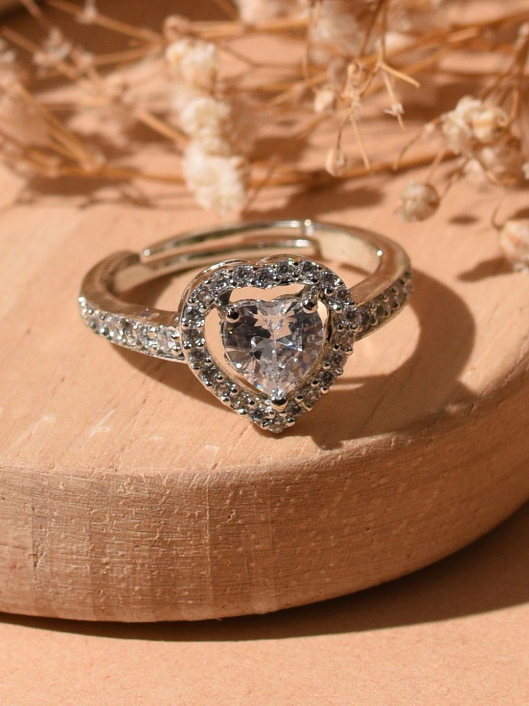 

XPNSV Silver-Plated CZ Stone-Studded Adjustable Finger Ring