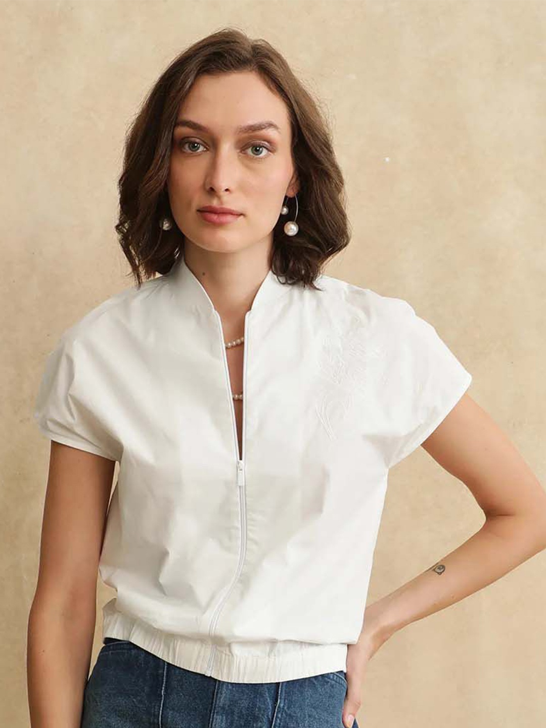 

RAREISM Women Embroidered Cotton Shirt Style Top, White