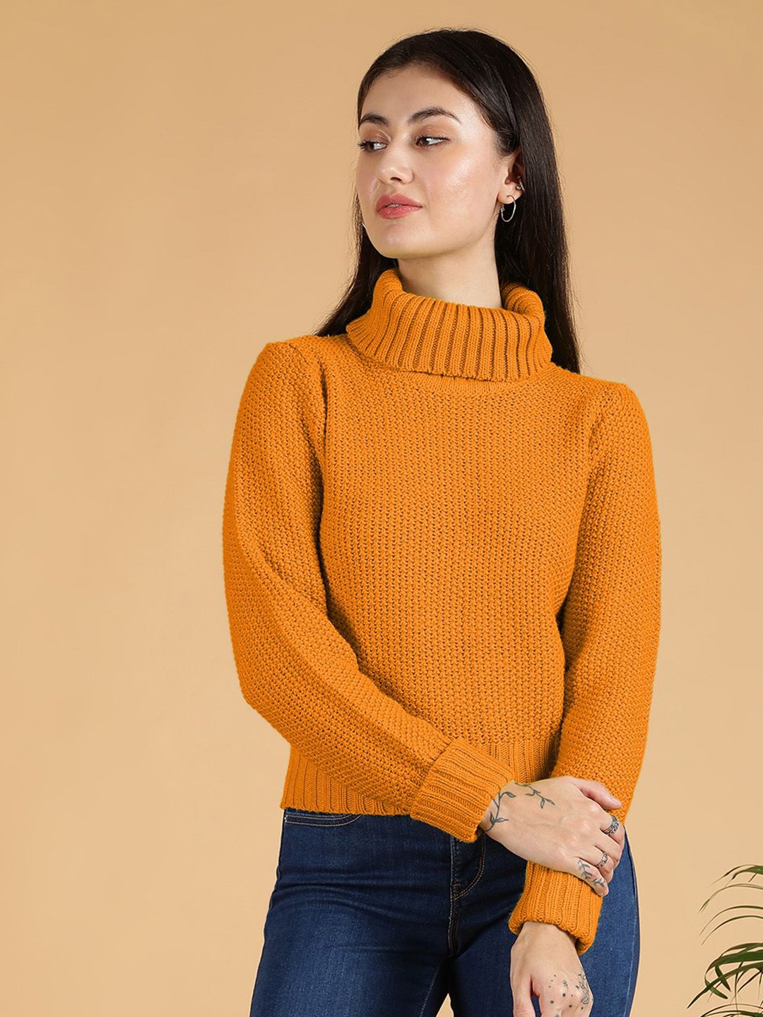 

Stylecast X Kotty Women Turtle Neck Cotton Crop Pullover, Orange