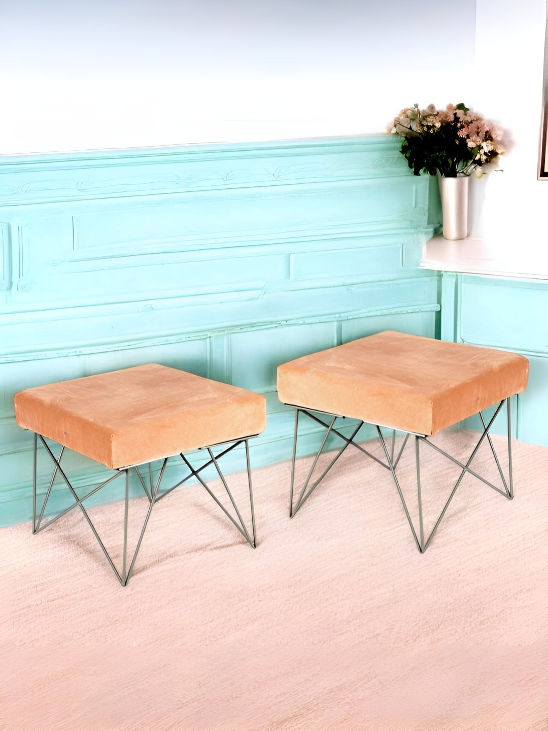 

Ikiriya Set of 2 Melon Pink Wood Stools with Metal Legs