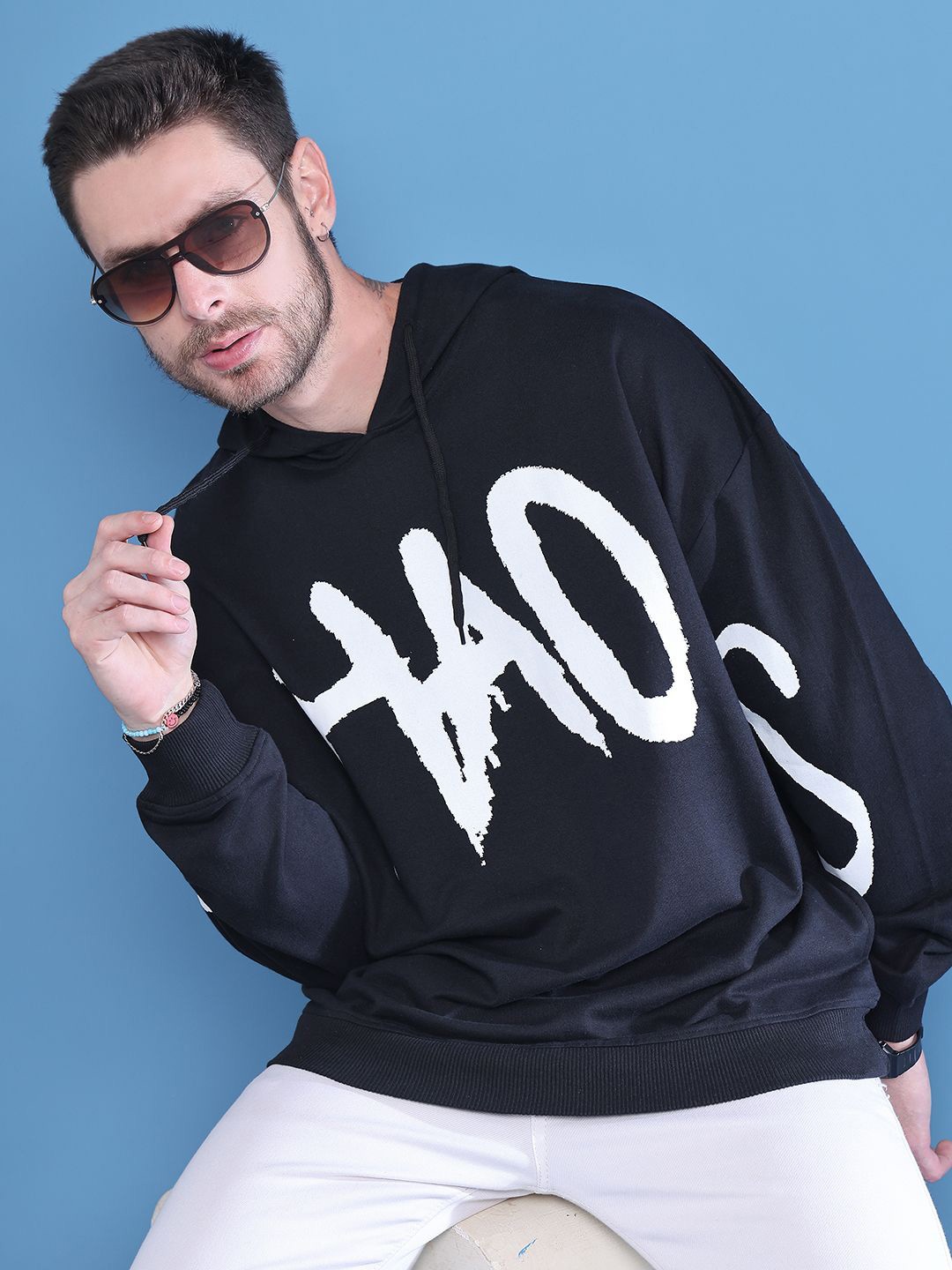 

DOOR74 Men Printed Cotton Hooded Sweatshirt, Black