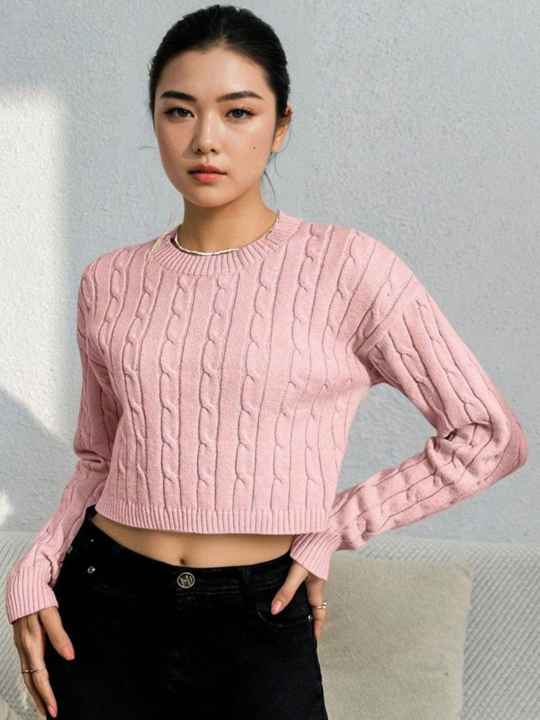 

Stylecast X Kotty Women Cable Knit Pullover Crop Sweaters, Pink