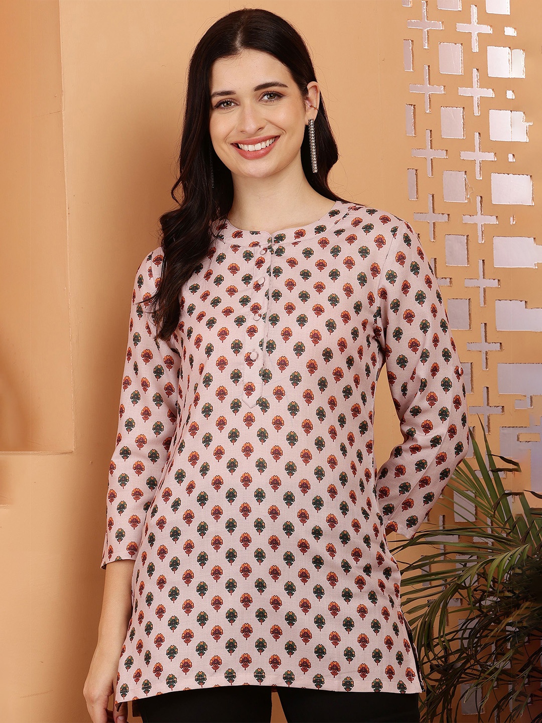 

RIG-TIE Floral Print Mandarin Collar Roll-Up Sleeves Cotton Top, Beige
