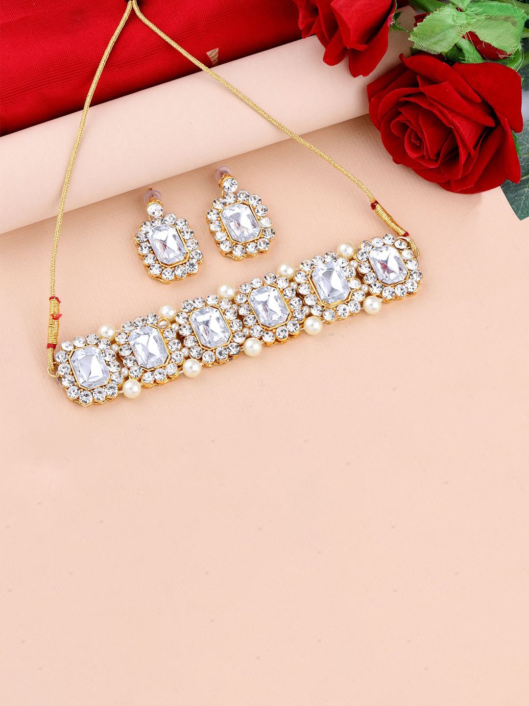 

Silver Shine Gold-Plated Stone-Studded & Pearl Beaded Jewellery Set