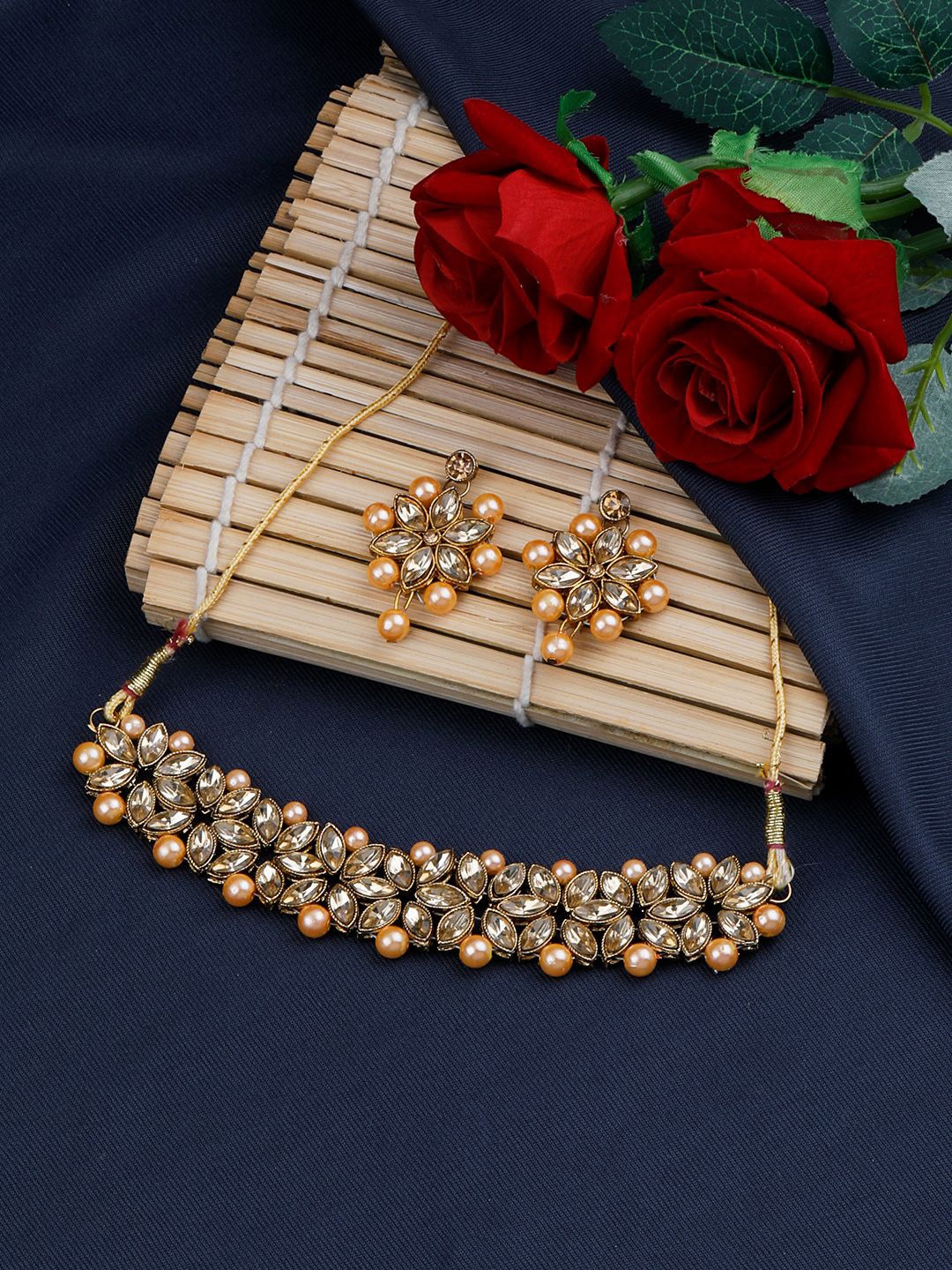 

Silver Shine Gold-Plated Kundan-Studded & Beaded Jewellery Set