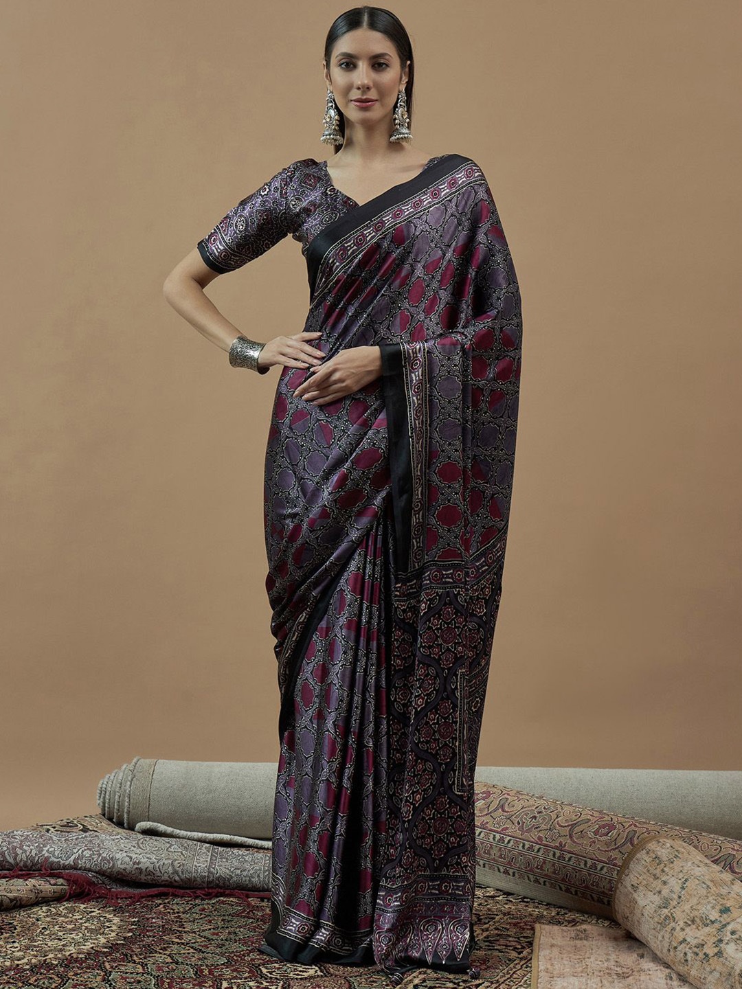 

Saree mall Ajrak Block Poly Crepe Block Print Sarees, Lavender