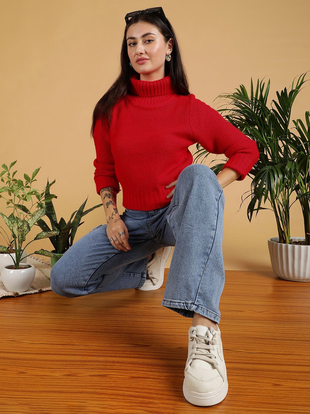 

Stylecast X Kotty Women Self Design Crop Pullover, Red