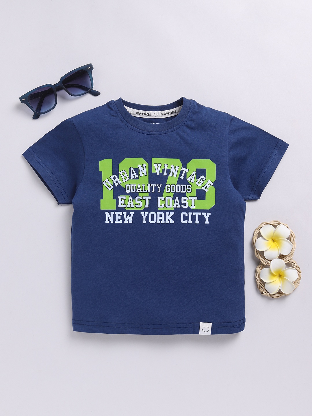 

Happy Faces Kids Boys Typography Printed Pure Cotton T-Shirt, Navy blue