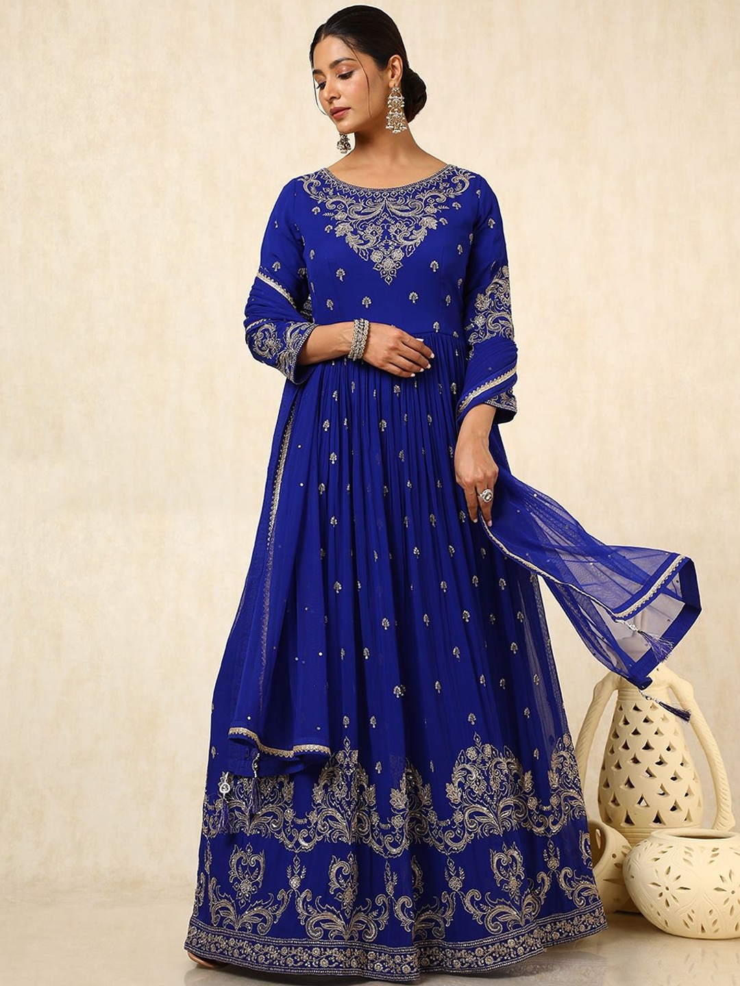 

Soch Women Ethnic Motifs Embroidered Pleated Sequinned Kurta with Churidar & With Dupatta, Blue