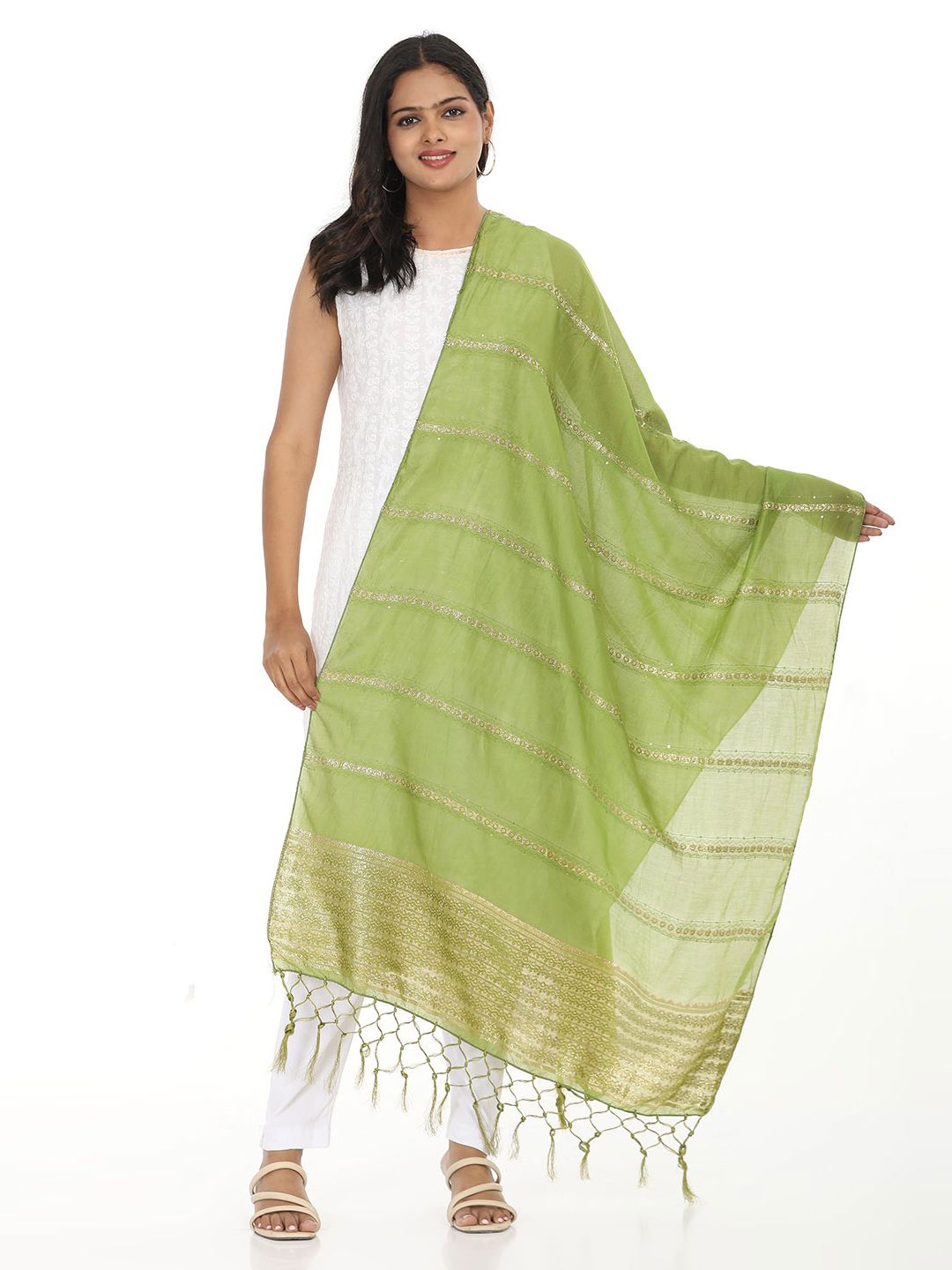 

HELLA FASHIONS Striped Viscose Rayon Dupatta, Lime green