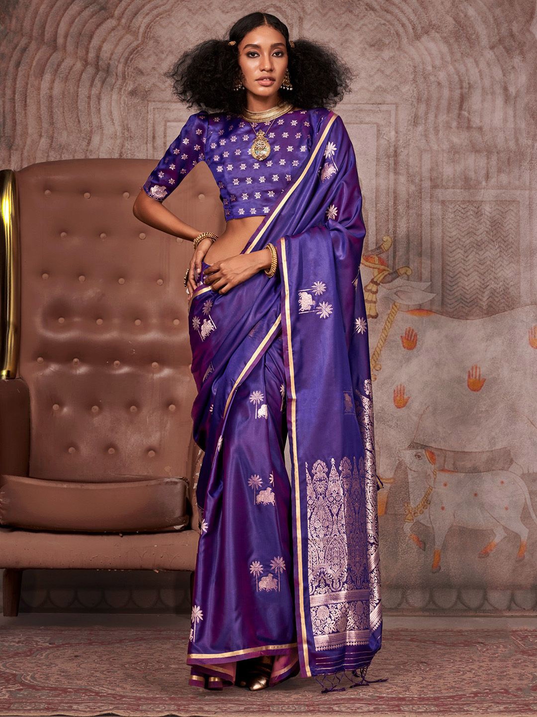 

Mitera Ethnic Motifs Zari Satin Designer Gadwal Saree, Purple