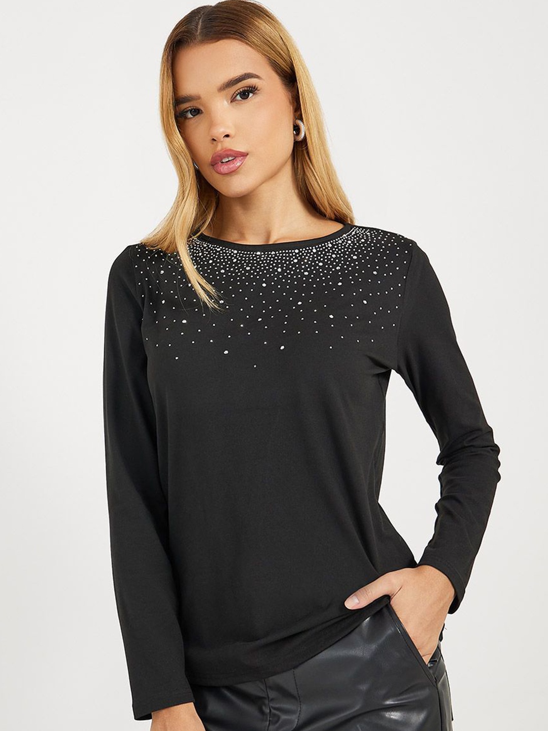 

Styli Women Embellished Round Neck Long Sleeves Regular Party Top, Black