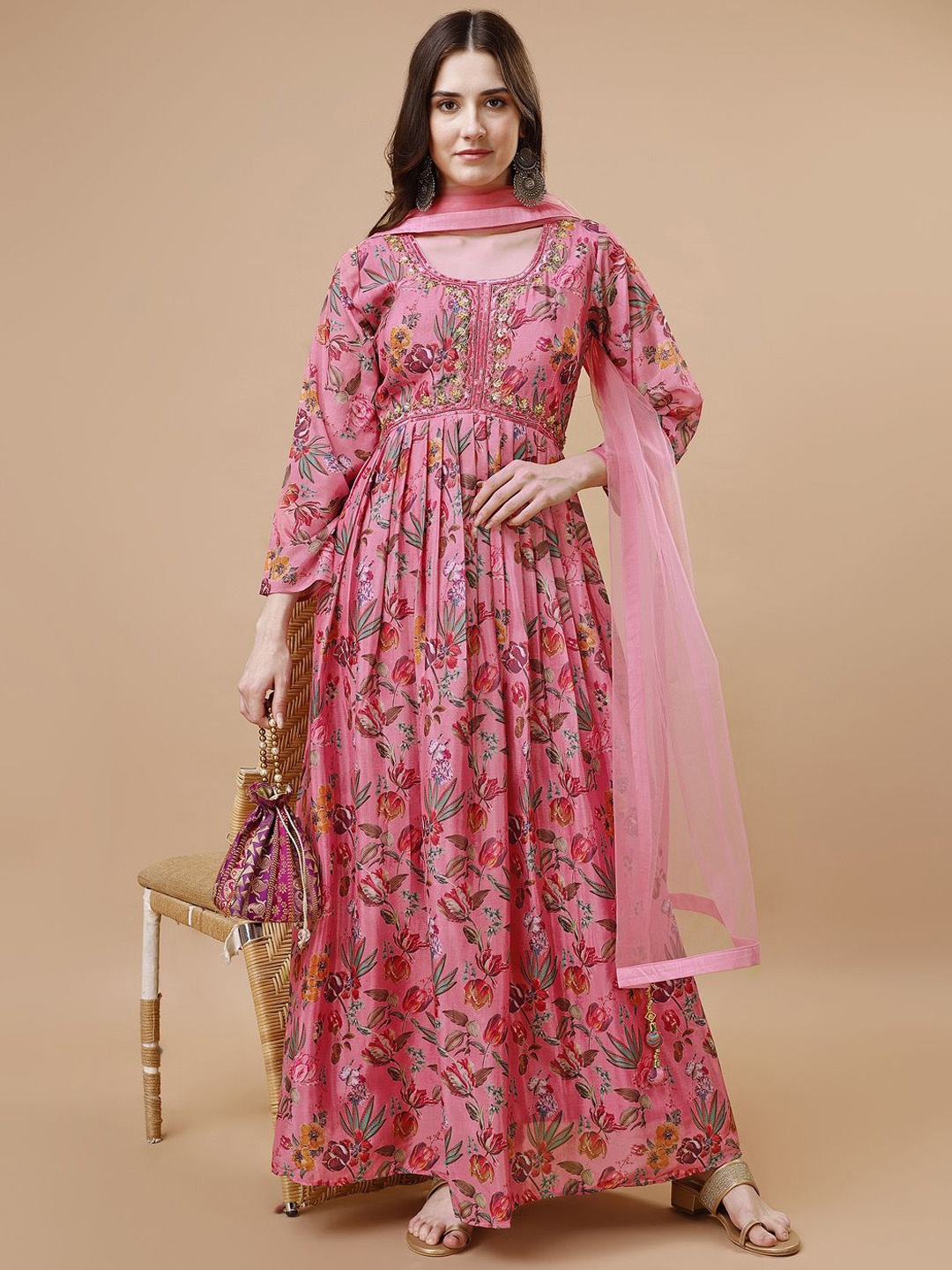 

Vanakara Women Aliya Cut Embroidered Maxi Gown with Dupatta, Pink
