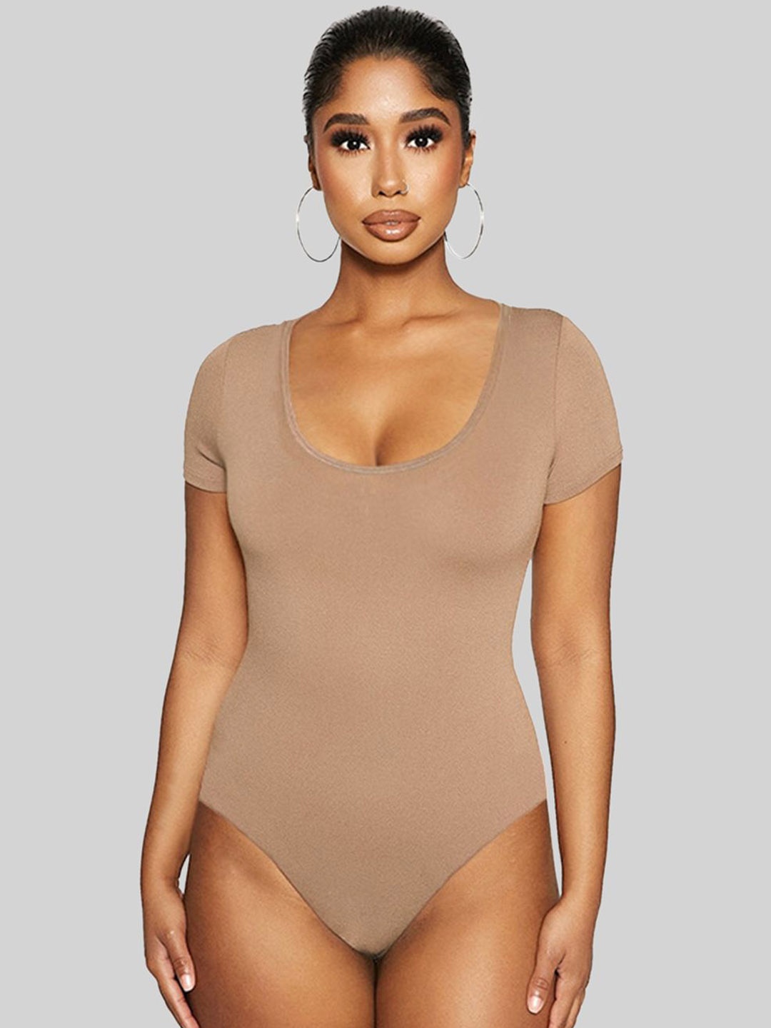 

StyleCast Solid Scoop Neck Bodysuit, Beige
