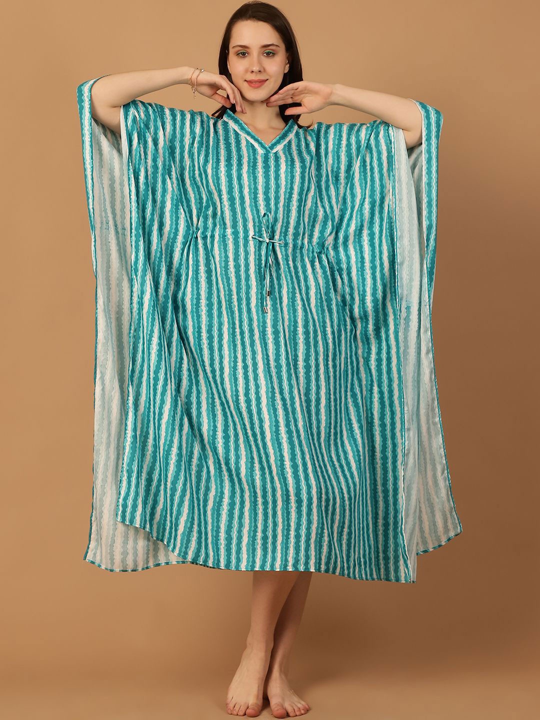 

Blissence Striped Kaftan Nightdress, Blue