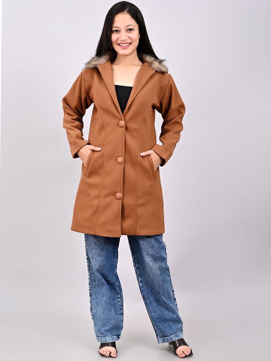 

FELLAMO Women Single-Breasted Overcoat, Brown