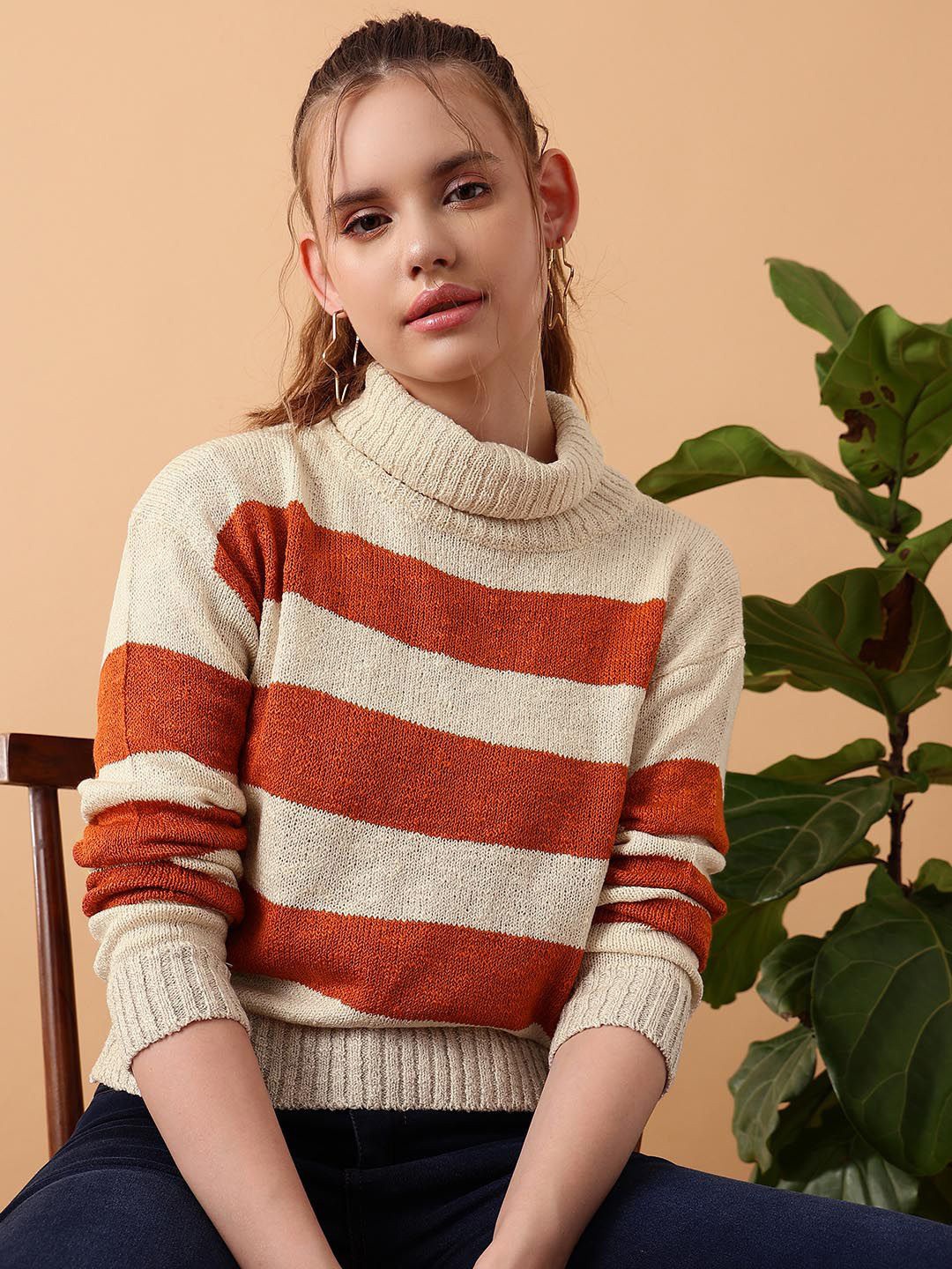 

Stylecast X Kotty Women Cotton Striped Pullover, Rust