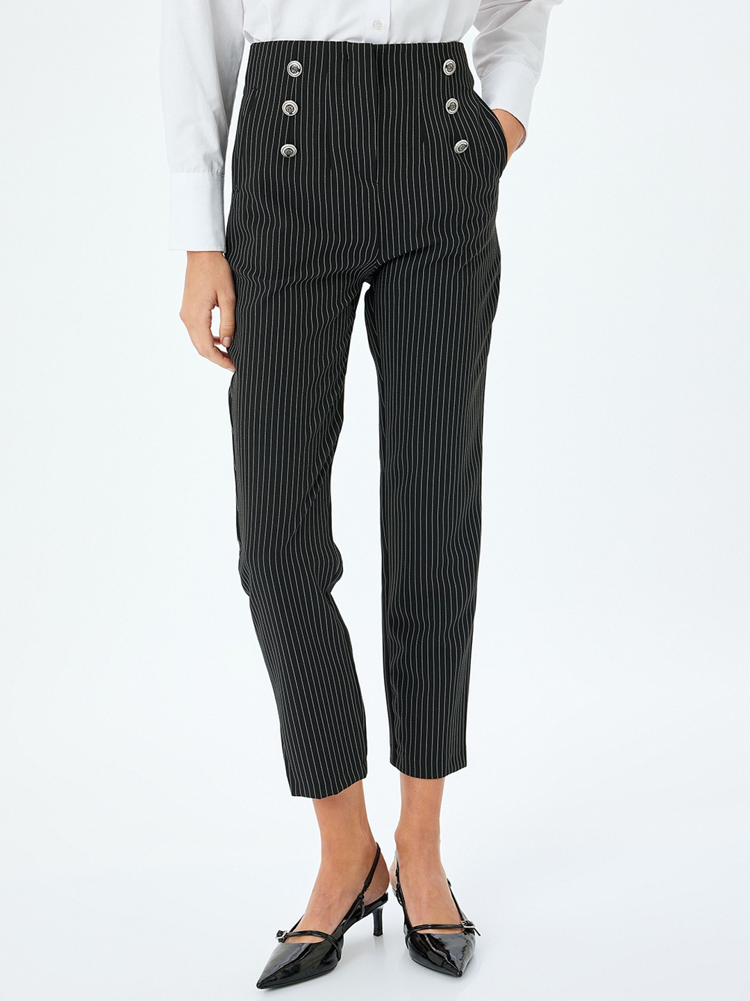 

Koton Women Striped Cropped Casual Trousers, Black