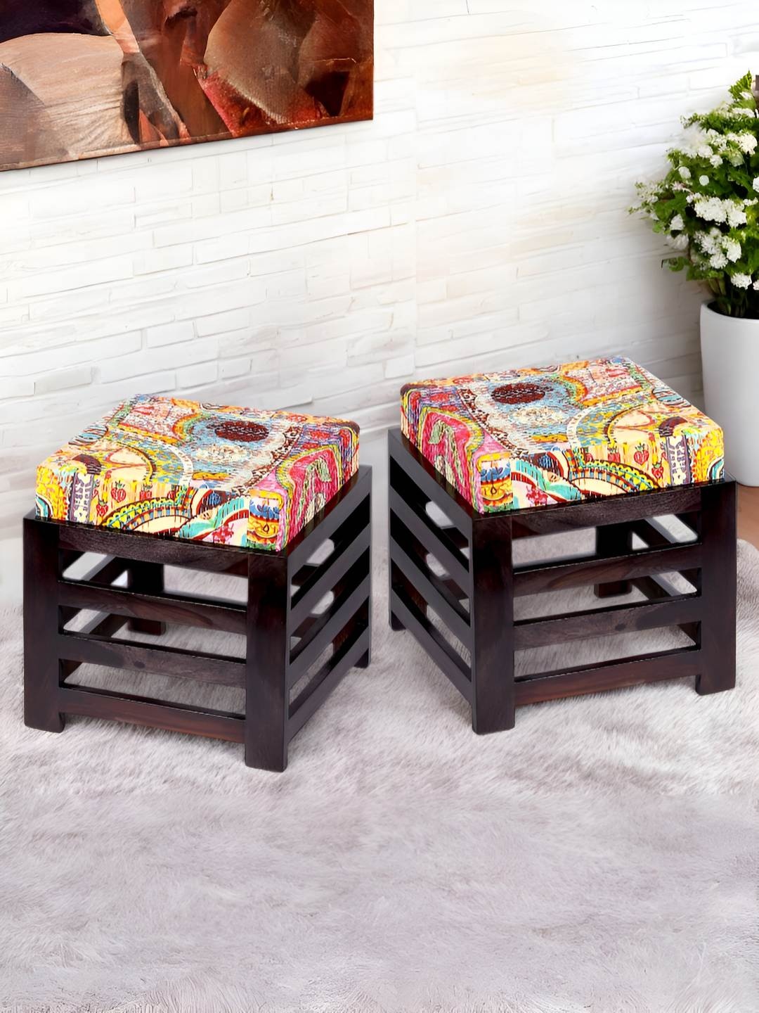 

Ikiriya Set of 2 Sheesham Stools in Dark Mahagony Finish with Israel Print Kantha Cushion, Multi