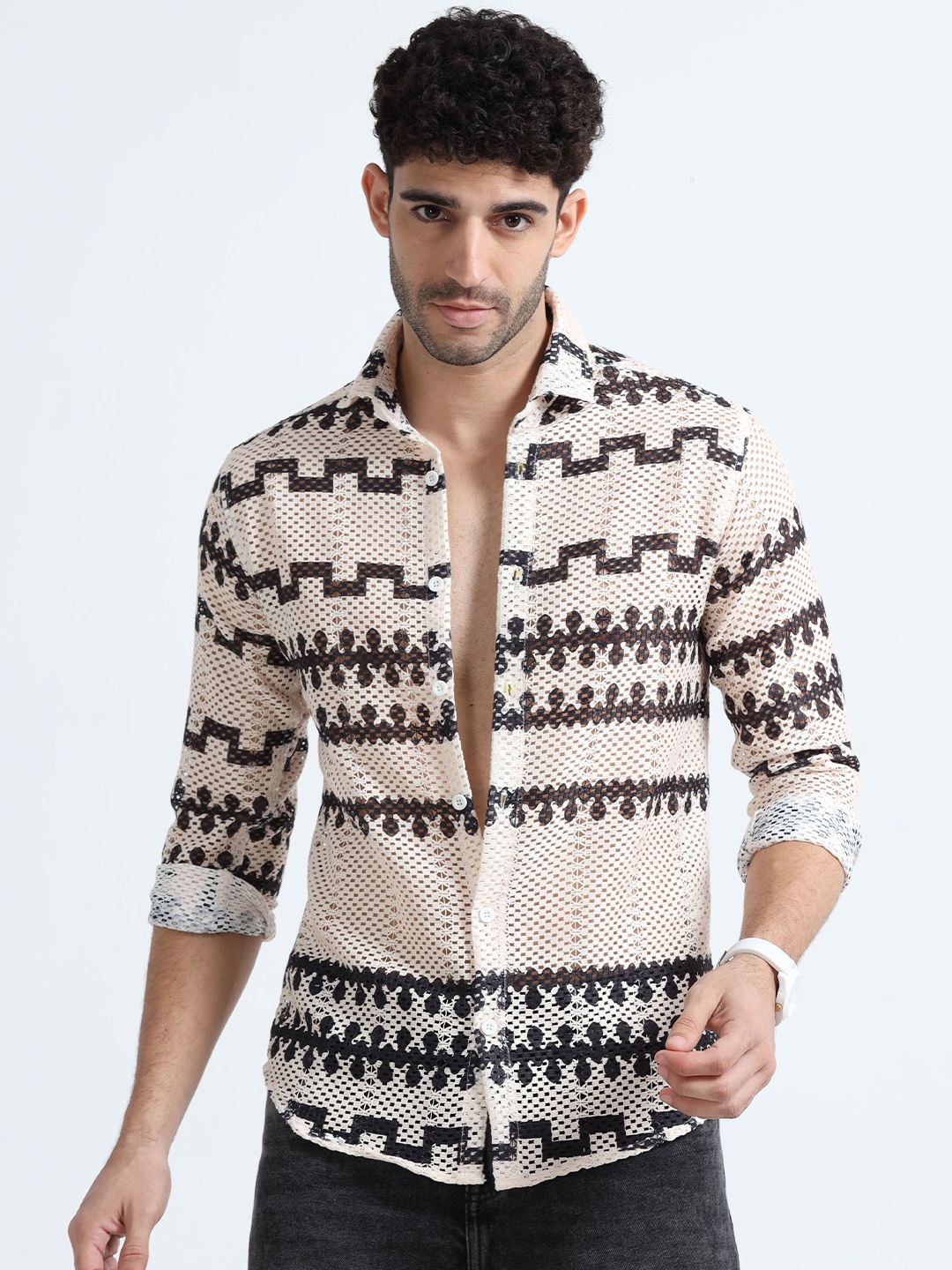 

BEVDAAS Men Comfort Spread Collar Textured Cotton Relaxed Fit Casual Shirt, Cream