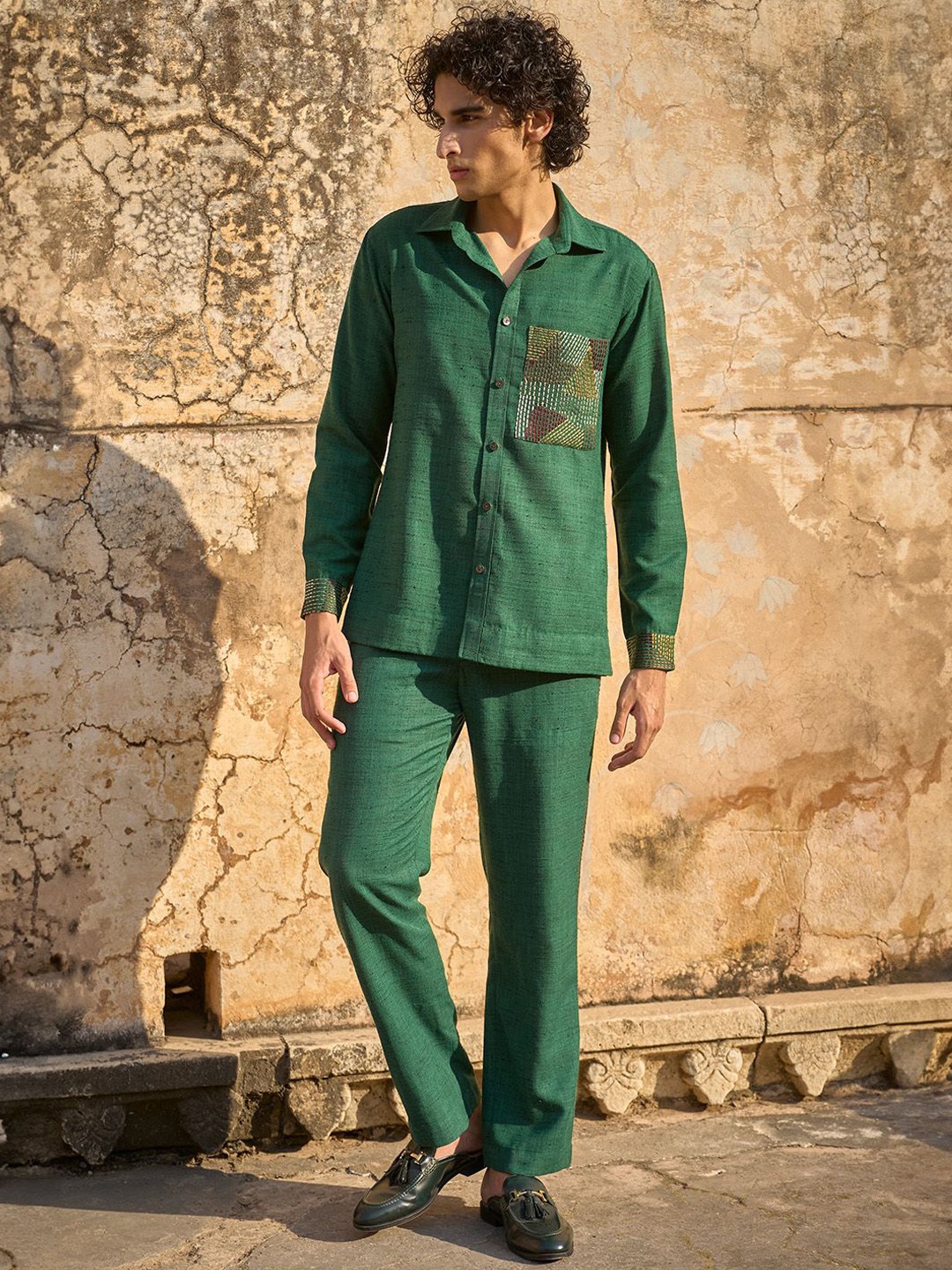 

Dash and Dot Shirt Collar Shirt With Trousers Co-Ords, Green