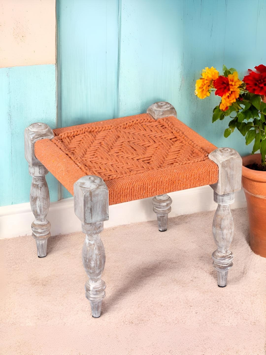 

Ikiriya Orange-Colored & Grey Wooden Square Stool with Rope Canning