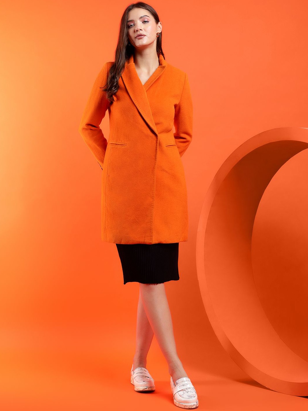 

Kotty Solid Shawl Collar Longline Overcoat, Orange