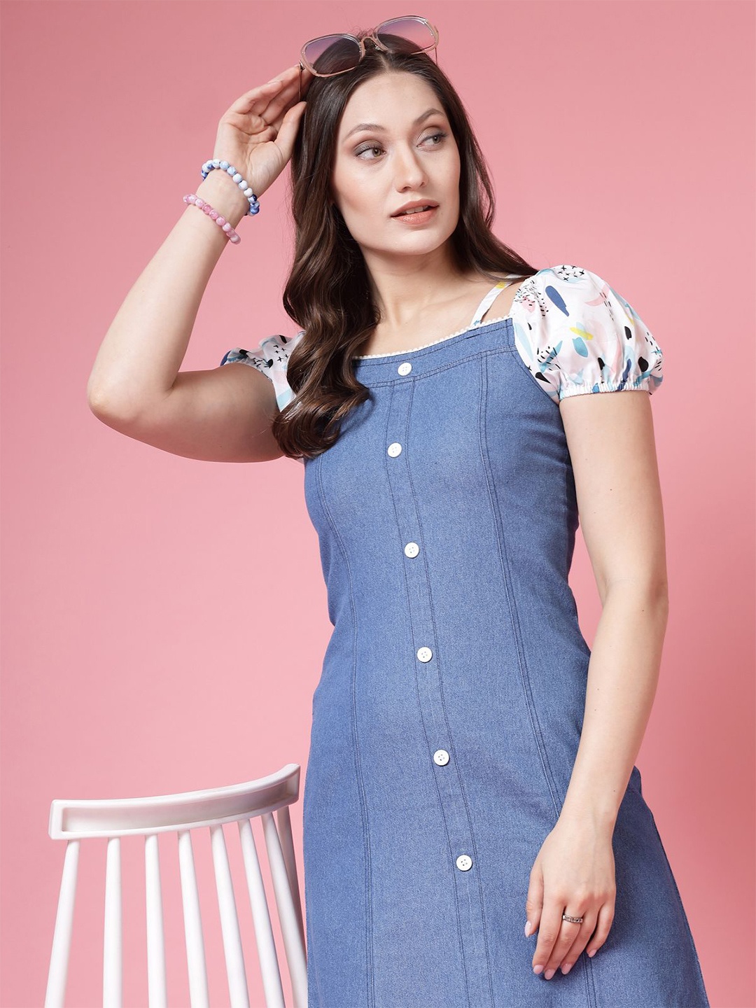 

BEING NAUGHTY Women Puff Sleeve A-Line Mini Dress, Blue
