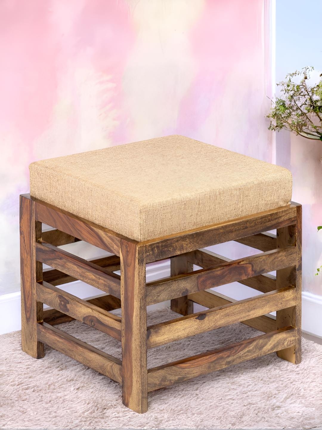 

Ikiriya Houston Sheesham Wood Contemporary Square Stool with Jute Beige Cushion