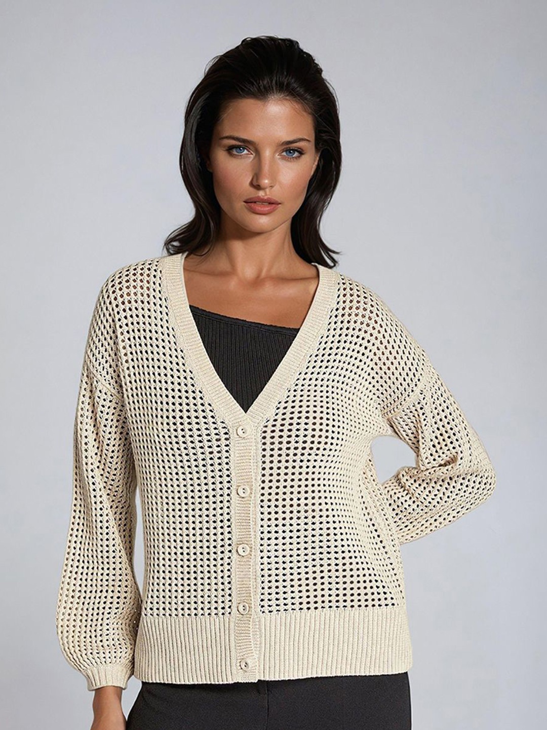 

Stylecast X Kotty Women Cotton Open Knit V-Neck Front-Open Sweaters, Beige