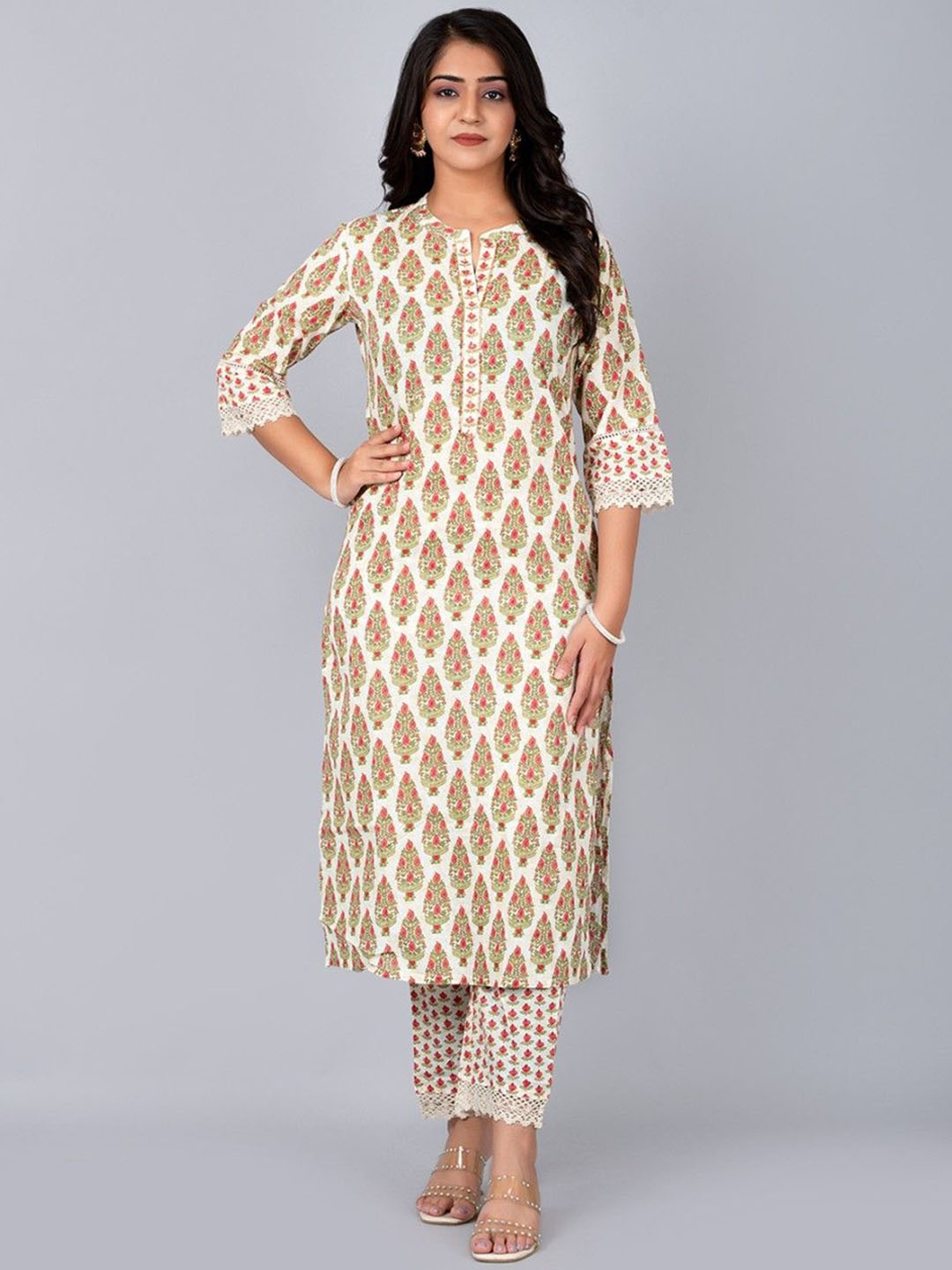 

Fashion Petals Women Ethnic Motifs Printed Regular Kurta with Trousers, Off white