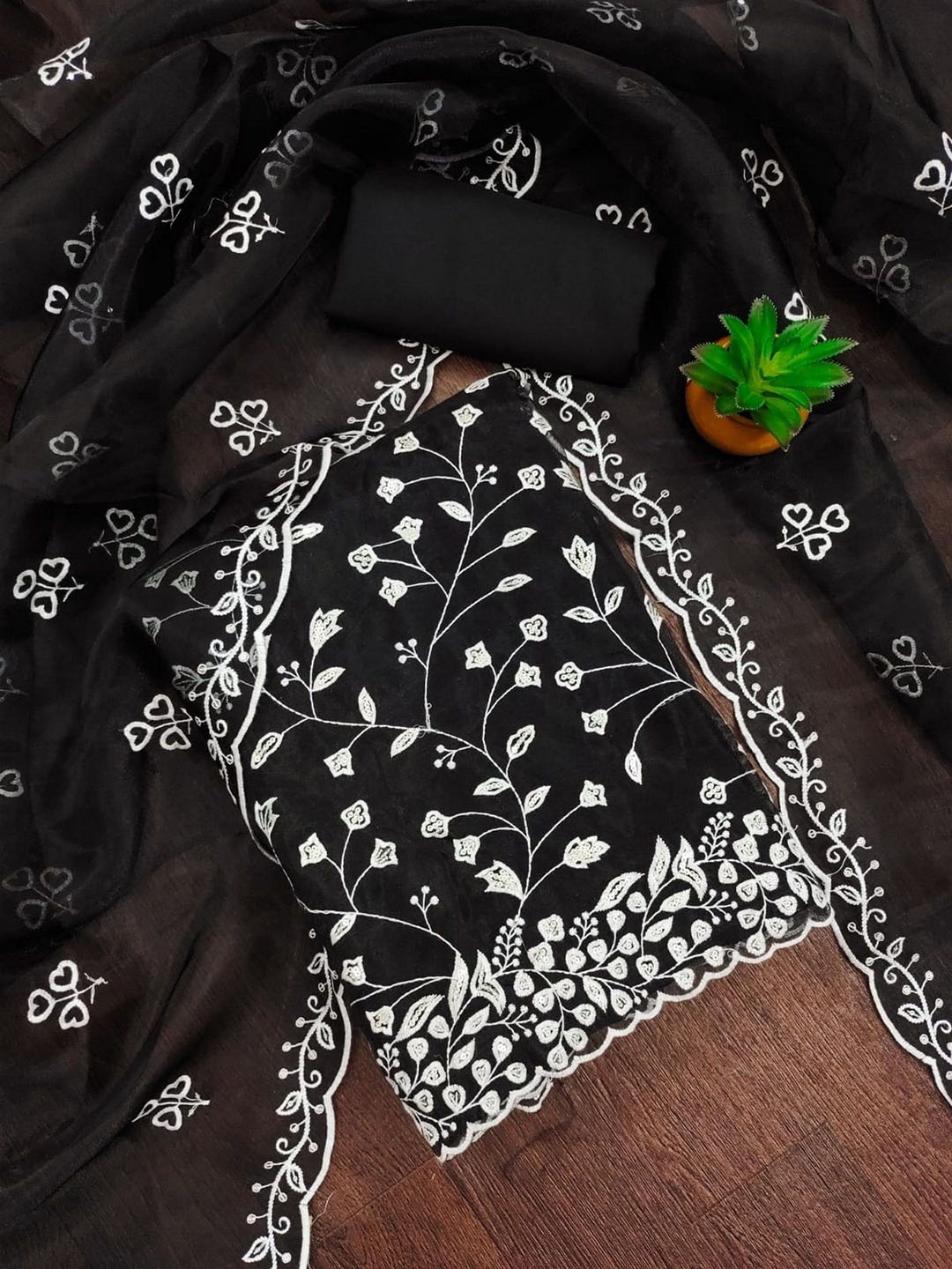 

ZEEPKART Organza Unstitched Dress Material, Black
