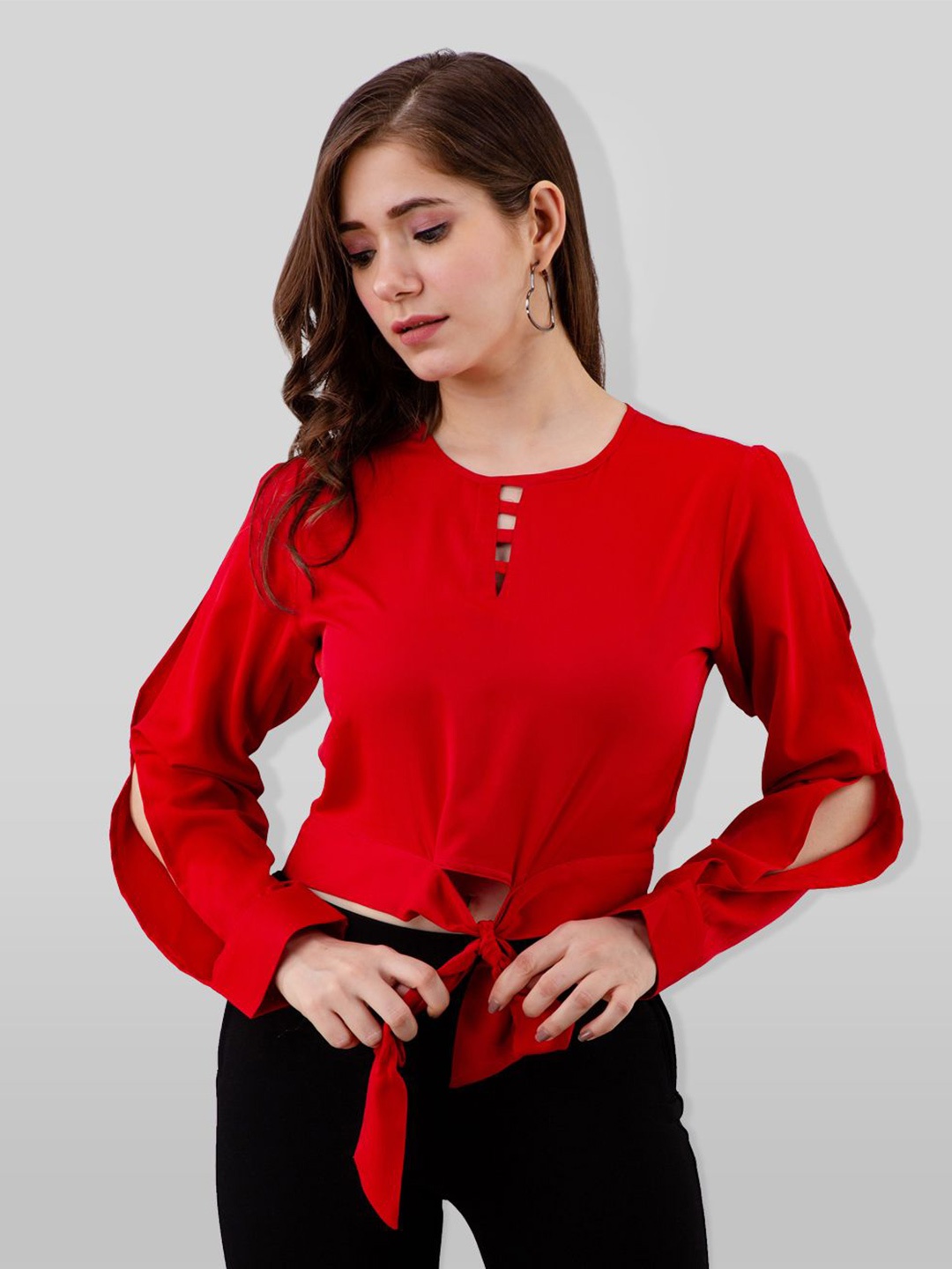

all about you Women Keyhole Neck Slit Sleeves Top, Red