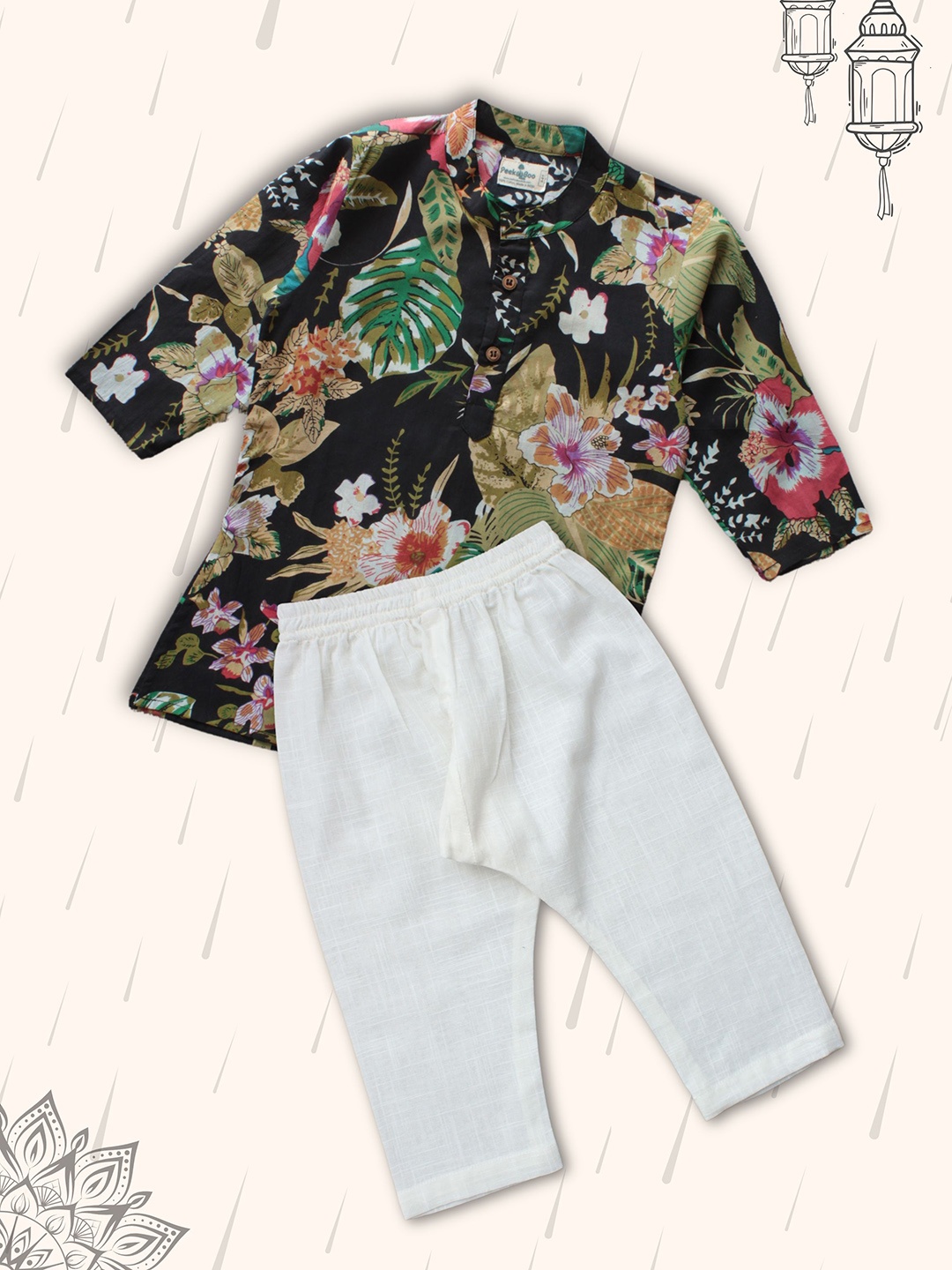 

Peekaaboo Kids Boys Floral Printed Regular Pure Cotton Kurta with Pyjamas, Black