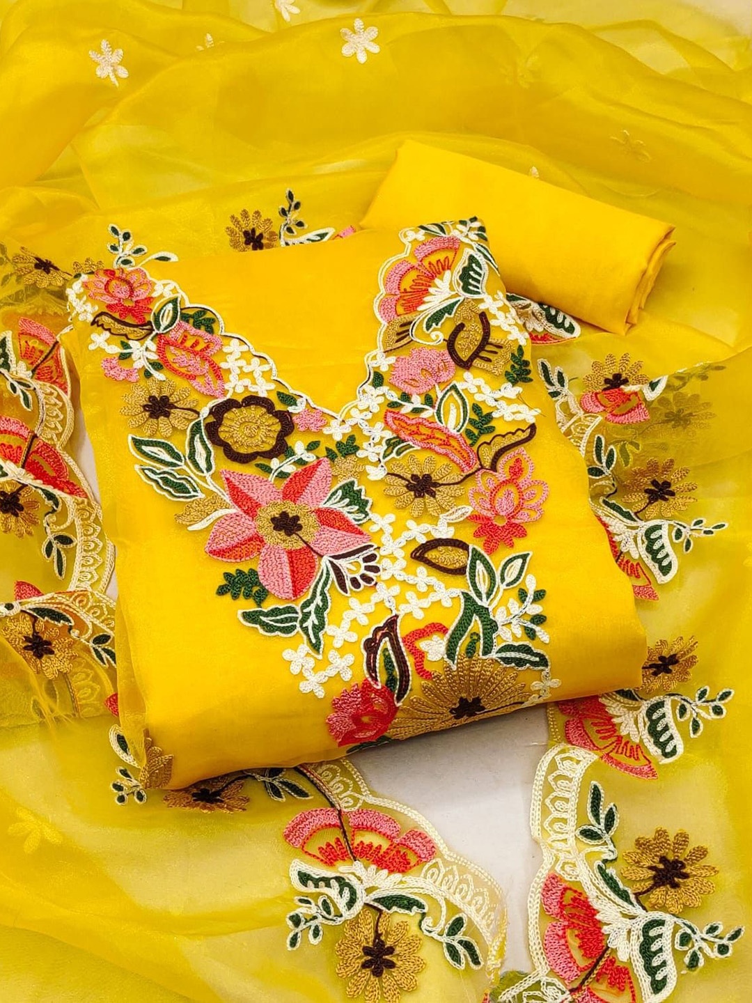

mimi design Organza Unstitched Dress Material, Yellow