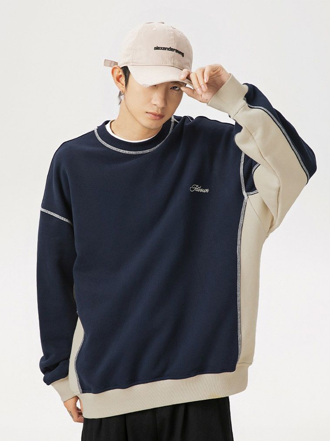 

HERE&NOW Men Colourblocked Pullover Pullover Sweatshirt, Navy blue