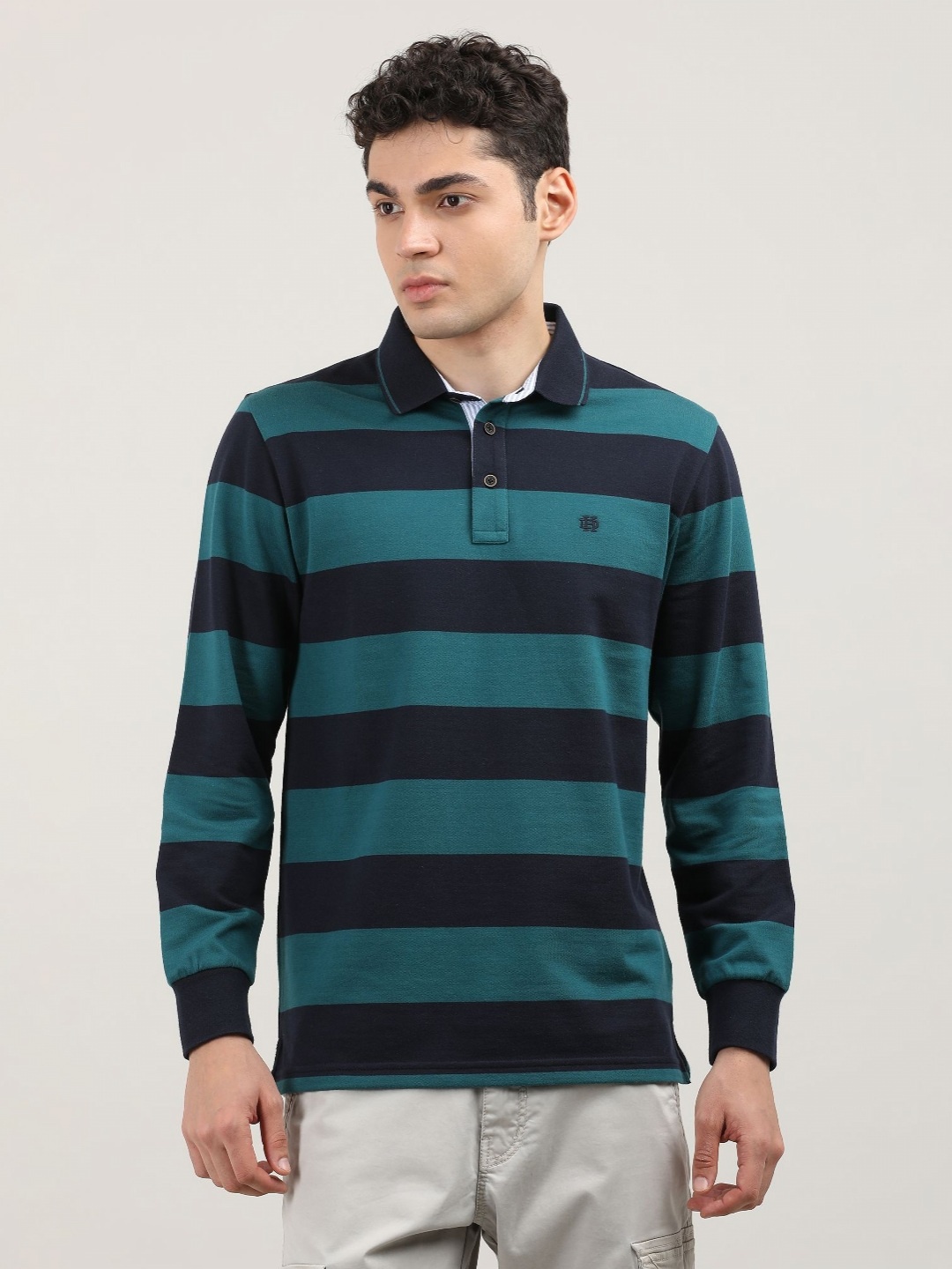 

DRAGON HILL Men Striped Polo Collar Applique Slim Fit T-shirt, Sea green