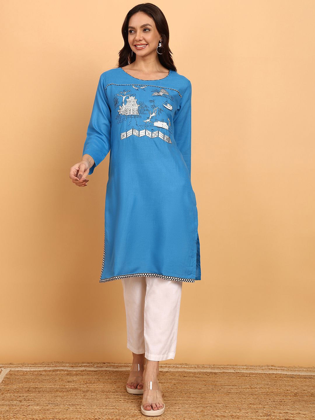 

VAHSON Women Ethnic Motifs Embroidered Thread Work Quirky Kurta, Blue