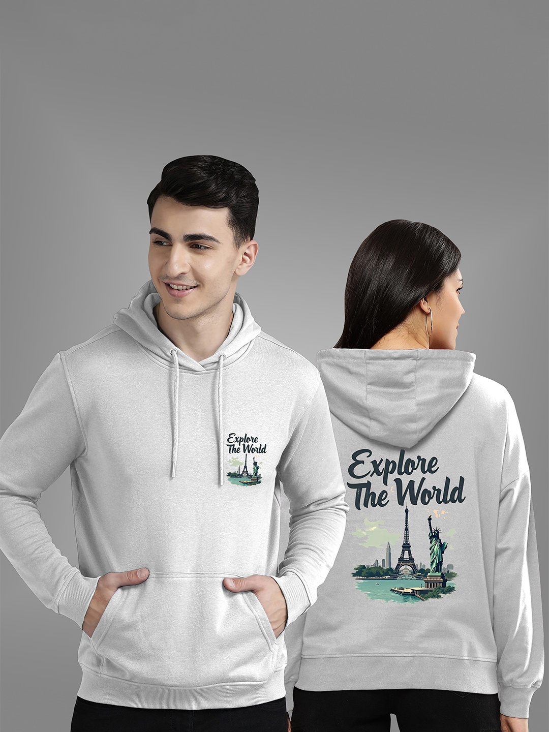 

BAESD Unisex Typography Printed Couple Hooded Sweatshirt, Grey