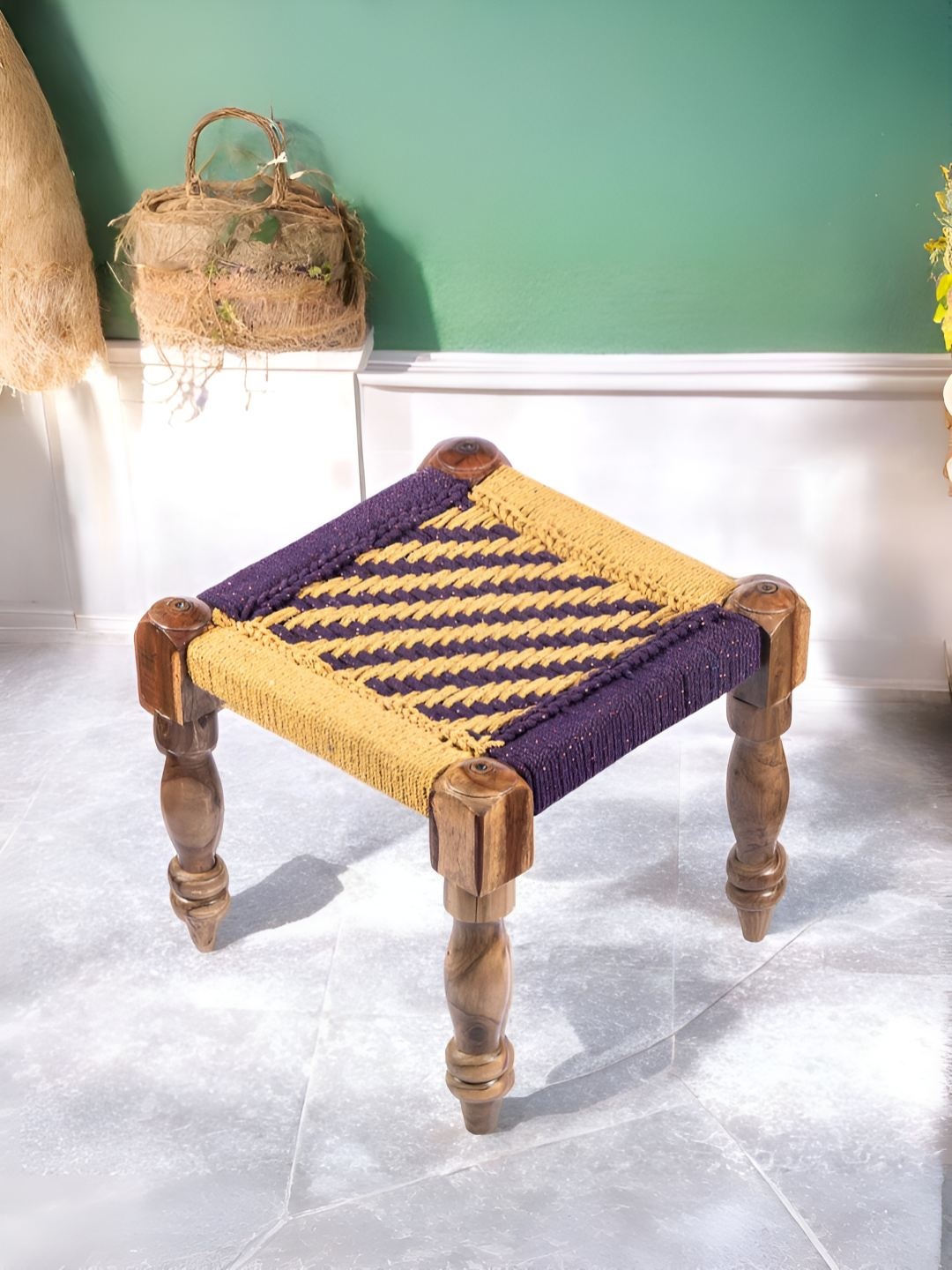 

Ikiriya Wood Vintage Square Stool in Yellow & Purple Rope Canning