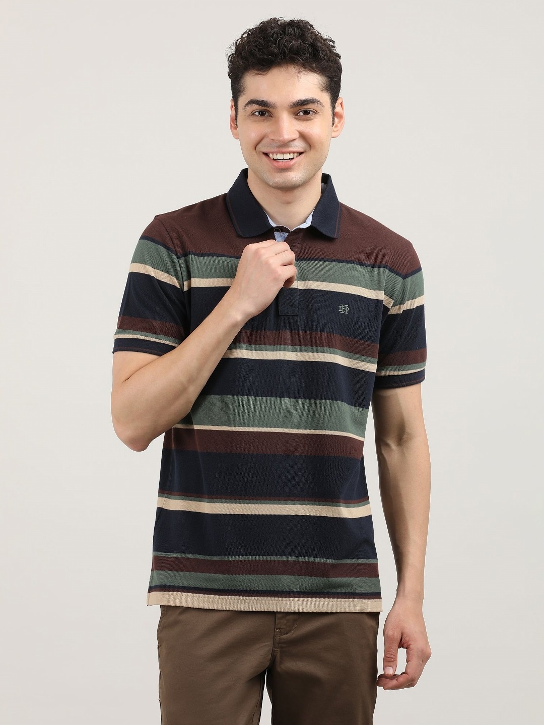 

DRAGON HILL Men Striped Polo Collar Pockets Slim Fit T-shirt, Brown