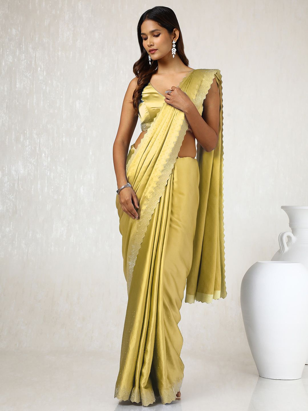 

Soch Embellished Beads and Stones Satin Saree, Green