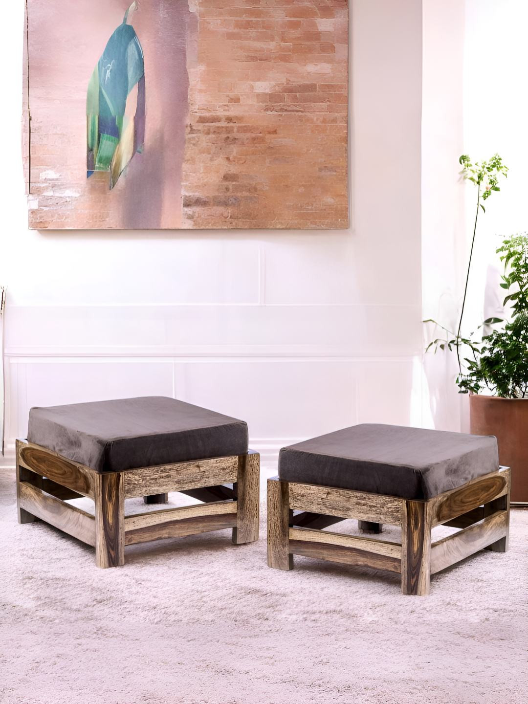 

Ikiriya 2Pcs Brown Wooden & Velvet Stool