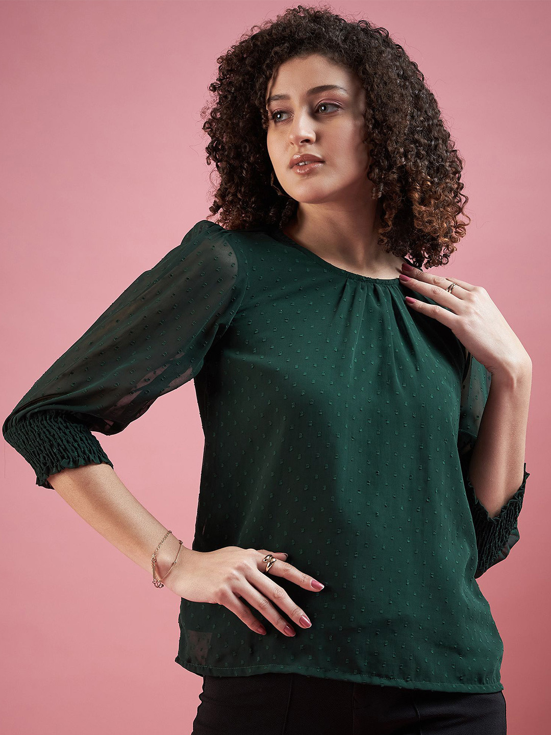 

DressBerry Women Self Design Puff Sleeves Top, Green