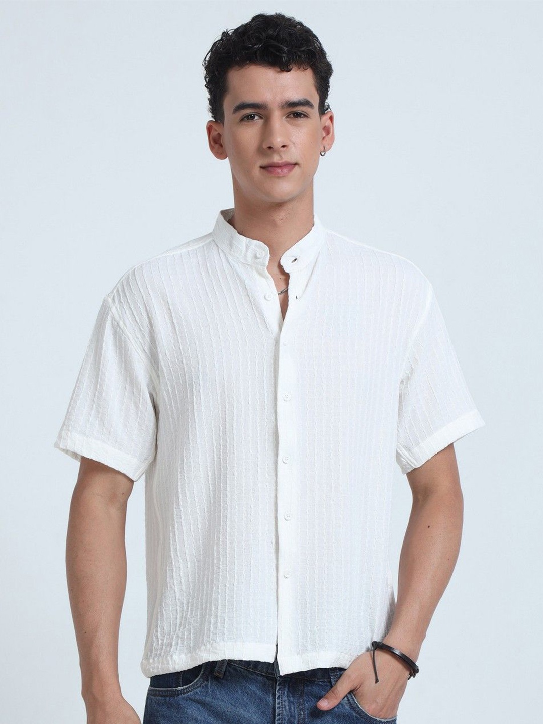 

NEVER NEUD Men Relaxed Floruit Popcorn Texture Casual Shirt, White