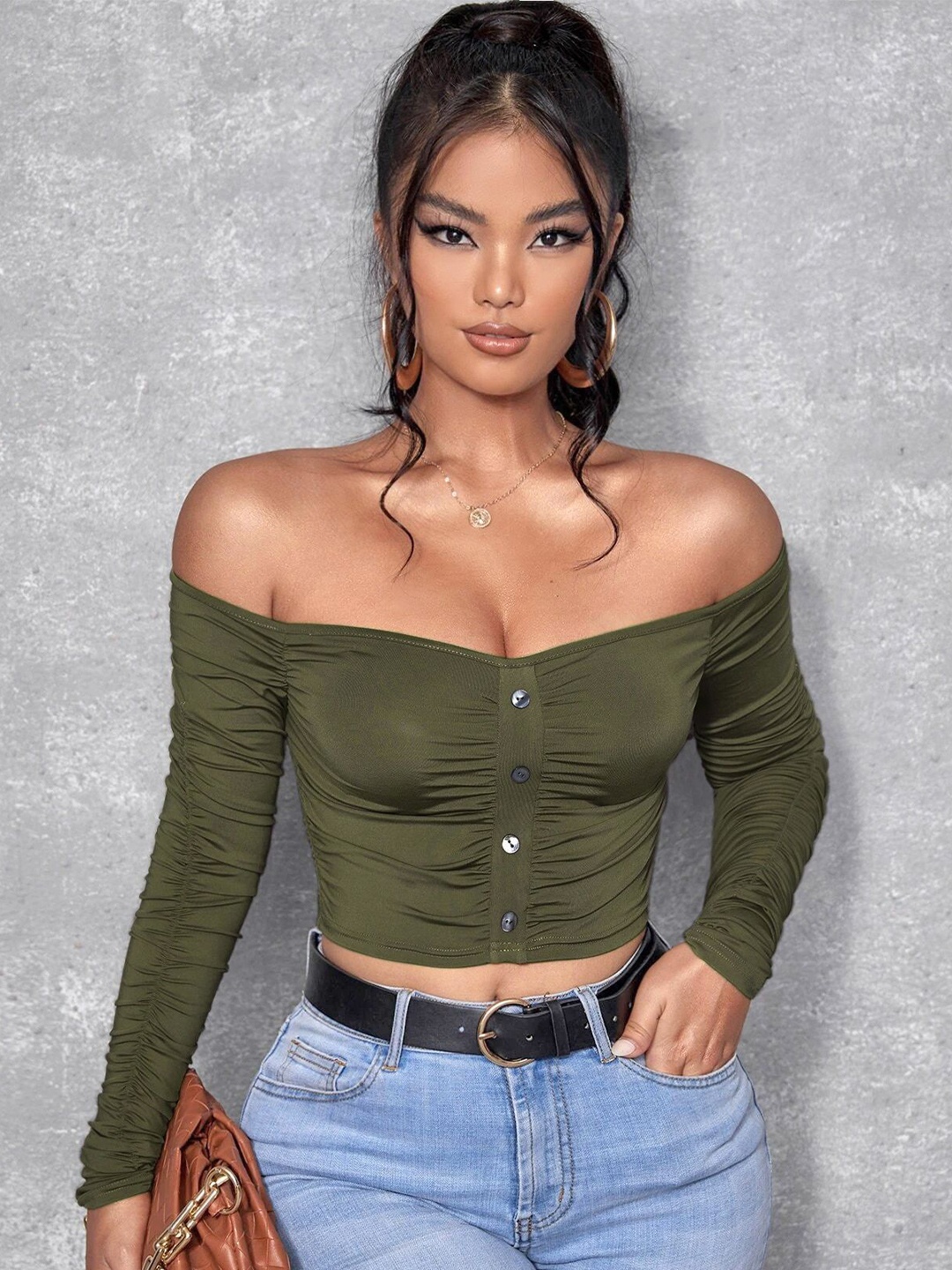 

Stylecast X Slyck Off-Shoulder Crop Top, Olive