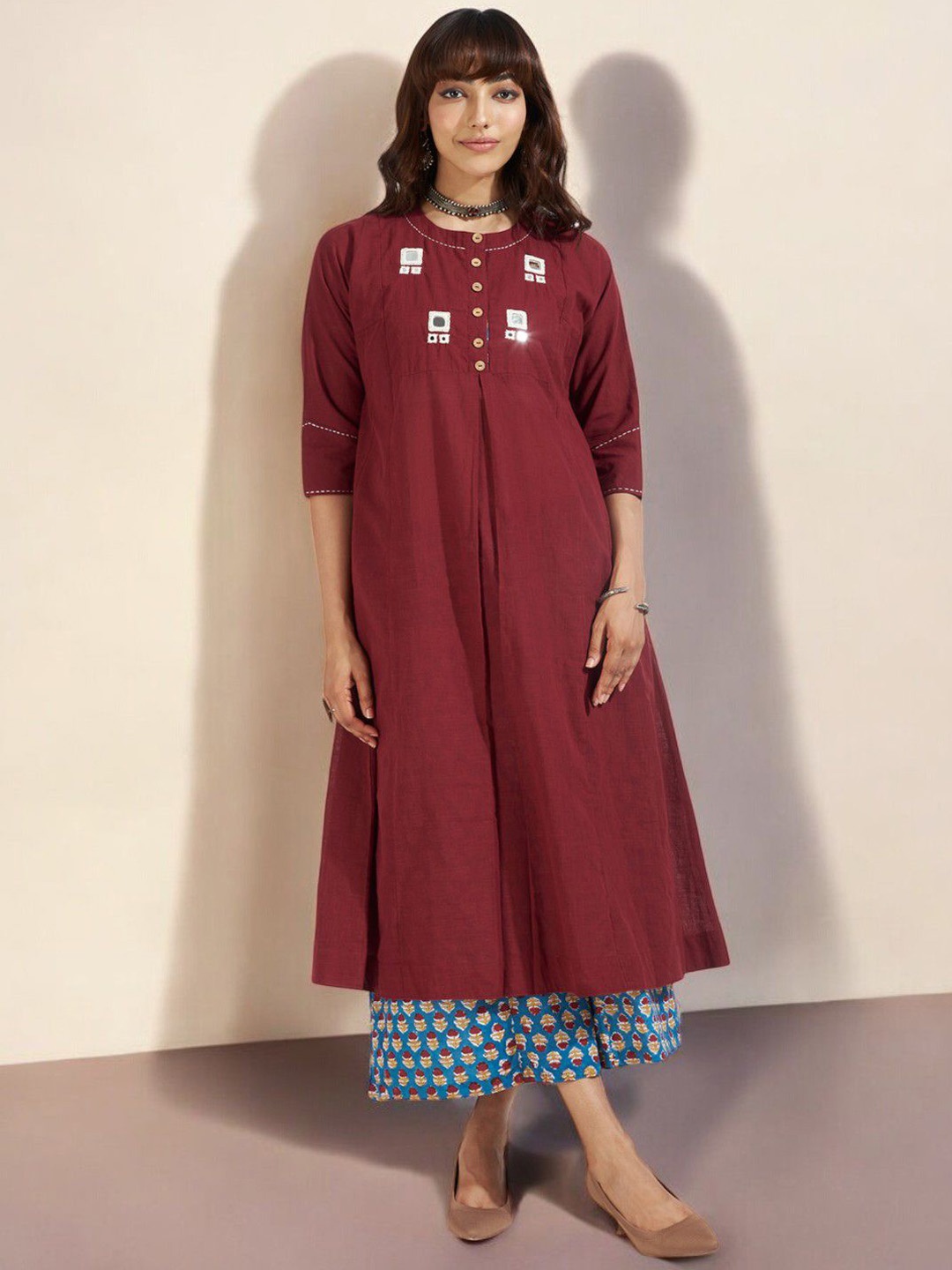 

Maati Crafts Women Embroidered Mirror Work Anarkali Kurta, Maroon