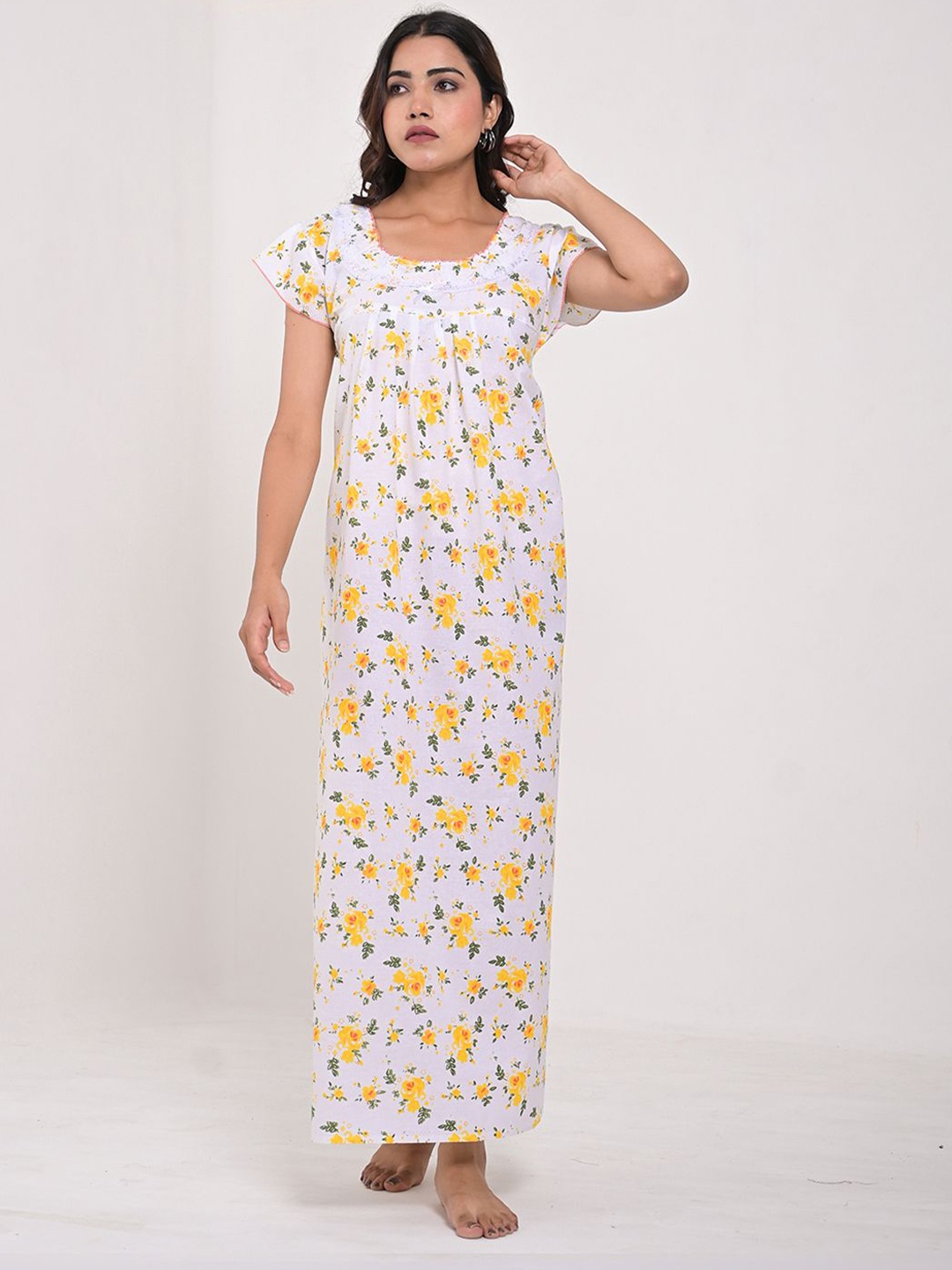 

Apratim Women Pure Cotton Floral Printed Maxi Nightdress, Yellow